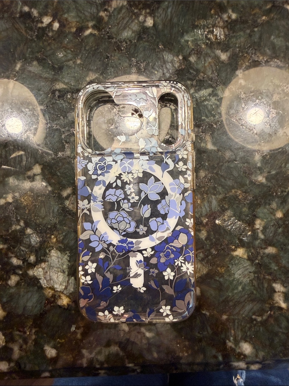 Kate Spade IPhone 17 PRO Floral Clear Phone Case with Blue Pattern and MagSafe